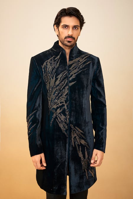 Millionaire_Blue Velvet Beads, Stones Embroidered Bandhgala Set _at_Aza_Fashions