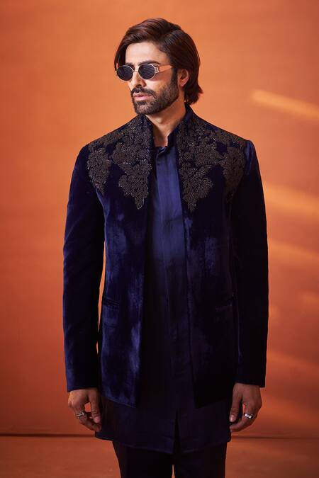 Shop_Millionaire_Navy Velvet Embroidery, Beads Bandhgala Jacket Set _Online_at_Aza_Fashions