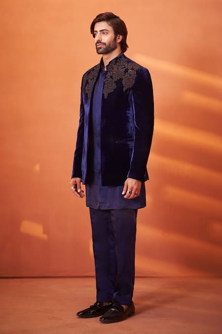 Millionaire_Navy Velvet Embroidery, Beads Bandhgala Jacket Set _at_Aza_Fashions