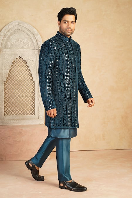 Millionaire_Blue Velvet, Shantoon Mirrors, Embroidery Lucknowi Work Sherwani Set _Online_at_Aza_Fashions