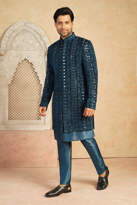 Shop_Millionaire_Blue Velvet, Shantoon Mirrors, Embroidery Lucknowi Work Sherwani Set _Online_at_Aza_Fashions