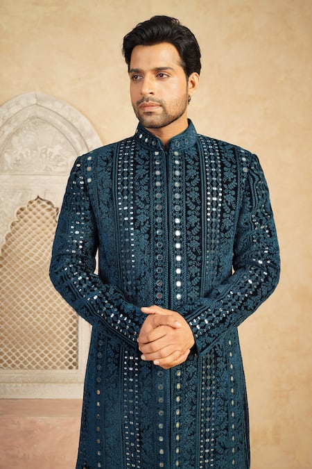 Millionaire_Blue Velvet, Shantoon Mirrors, Embroidery Lucknowi Work Sherwani Set _at_Aza_Fashions