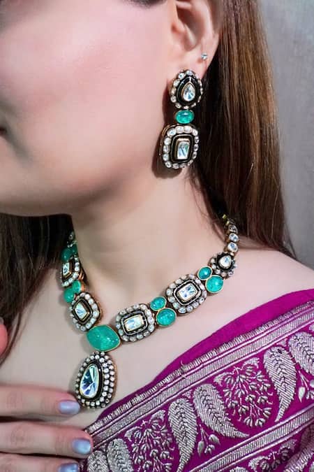Prestones Polki Mint Panna Necklace & Earring Set 