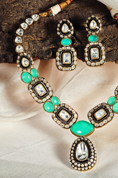 Prestones_Green Stones, Beads Polki Mint Panna Necklace And Earring Set _Online_at_Aza_Fashions