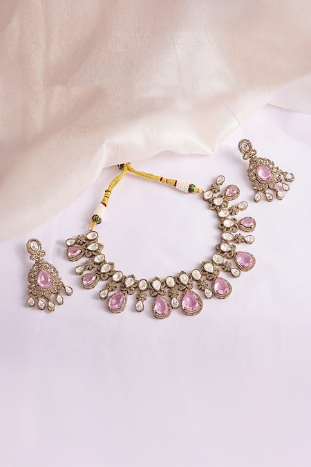 Prestones_Pink Stones Rajwada Inspired Polki And Necklace Set _Online_at_Aza_Fashions