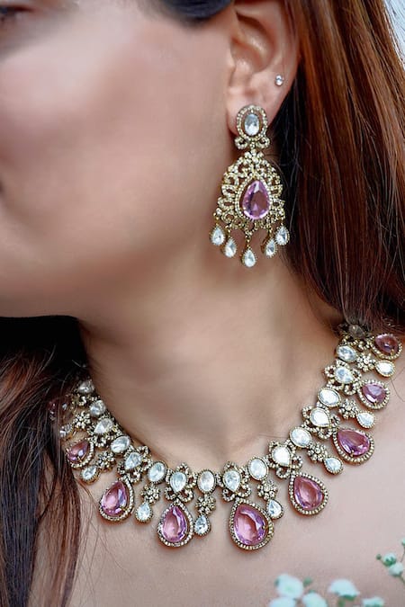 Prestones Rajwada Inspired Polki & Stone Necklace Set 