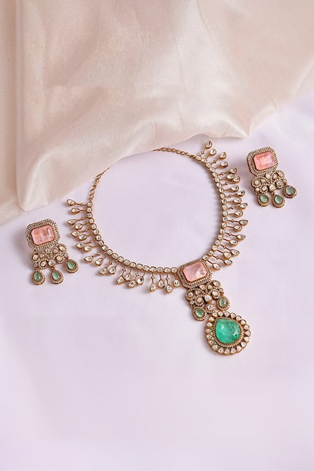 Prestones_Gold Plated Stones Rani Style Polki Necklace And Earrings Set _Online_at_Aza_Fashions