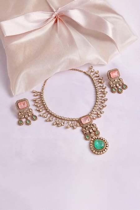 Prestones Rani Style Polki Stone Necklace & Earrings Set 