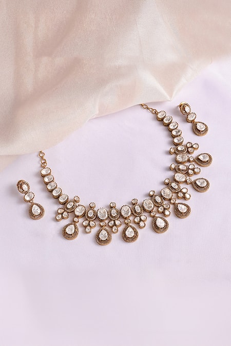 Prestones_Gold Plated Stones, Rhinestones Polki And Zircon Drop Necklace & Earring Set _Online_at_Aza_Fashions