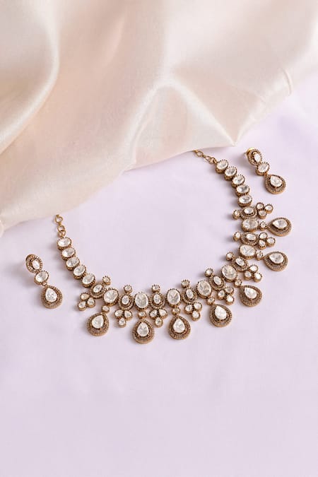 Prestones Polki & Zircon Drop Necklace & Earring Set 