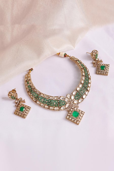 Prestones_Green Stones, Crystals, Rajwada Kundan Zircon Necklace And Earrings _Online_at_Aza_Fashions