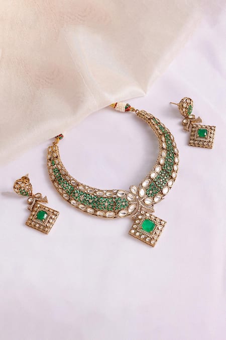 Prestones Rajwada Kundan Green Zircon Necklace & Earrings 