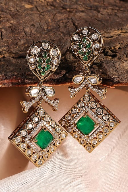 Buy_Prestones_Green Stones, Crystals, Rajwada Kundan Zircon Necklace And Earrings _Online_at_Aza_Fashions