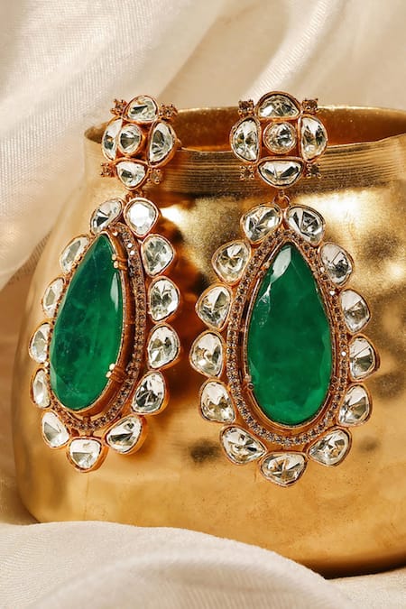 Prestones Emerald Teardrop Polki Statement Earrings 