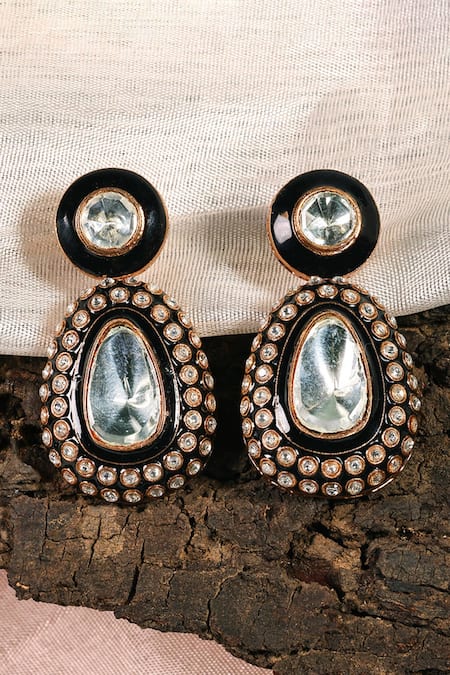 Prestones Polki Black Enamel Stud-Drop Earrings 