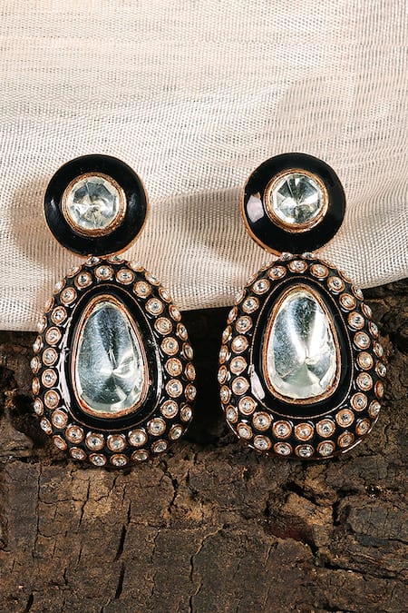 Prestones_Black Stones Polki Enamel Stud-drop Earrings _Online_at_Aza_Fashions