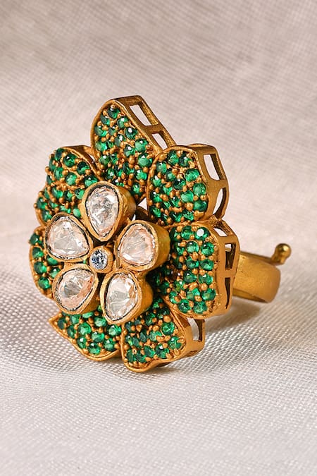 Prestones Floral Polki & Green Bead Adjustable Ring