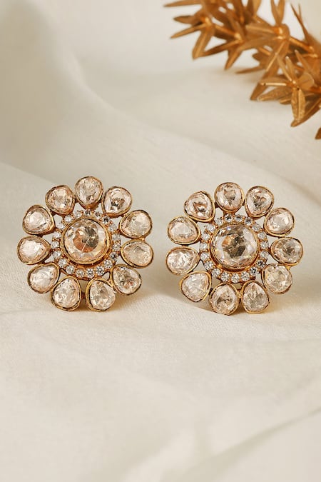 Prestones Gold Plated Stones, Crystals Flower Polki Petal Stud Earrings Online at Aza Fashions Prestones_Gold Plated Stones, Crystals Flower Polki Petal Stud Earrings _Online_at_Aza_Fashions