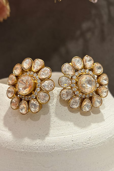 Buy_Prestones_Gold Plated Stones, Crystals Flower Polki Petal Stud Earrings _Online_at_Aza_Fashions