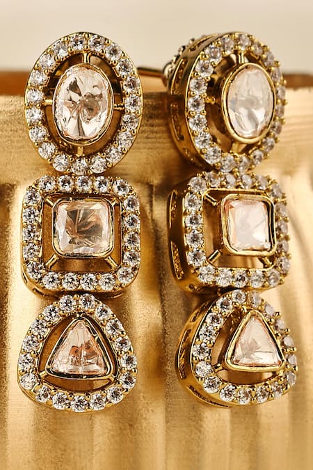 Prestones Three Tier Geometric Polki Drop Earrings 