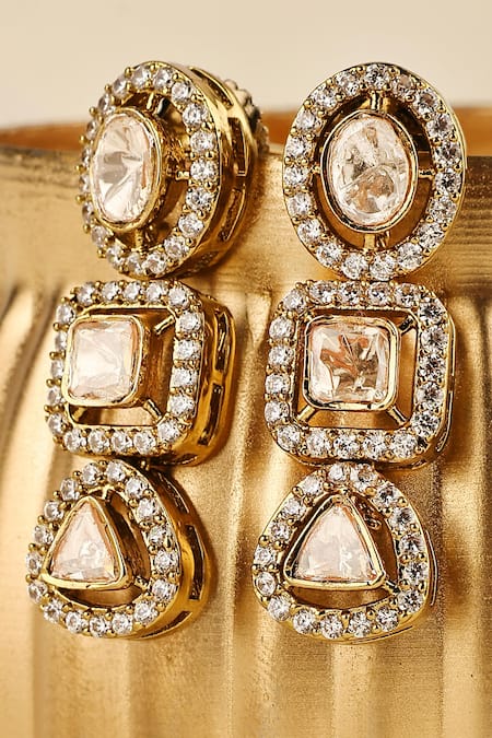 Prestones_Gold Plated Stones Three Tier Geometric Polki Drop Earrings _Online_at_Aza_Fashions