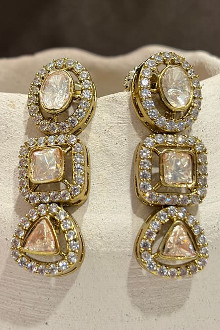 Prestones Three Tier Geometric Polki Drop Earrings 