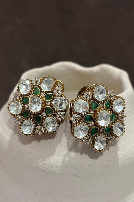 Prestones Uncut Polki & Emerald Teardrop Stud Earrings 