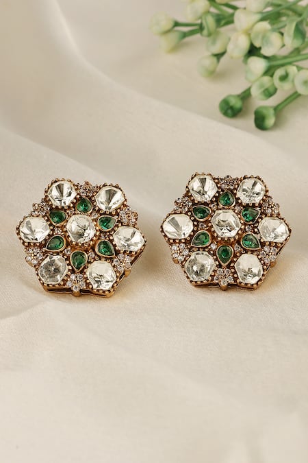 Prestones_Gold Plated Stones, Crystals, Uncut Polki And Emerald Teardrop Stud Earrings _Online_at_Aza_Fashions