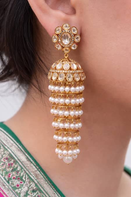Prestones Polki Jhumka Cascading Pearl Danglers 
