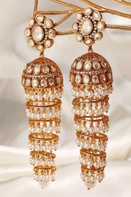 Prestones Polki Jhumka Cascading Pearl Danglers 