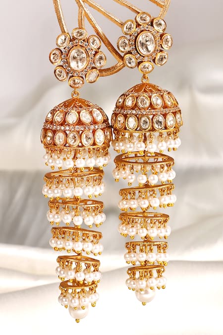 Prestones_Gold Plated Pearls, Stones Polki Jhumka Cascading Danglers _Online_at_Aza_Fashions