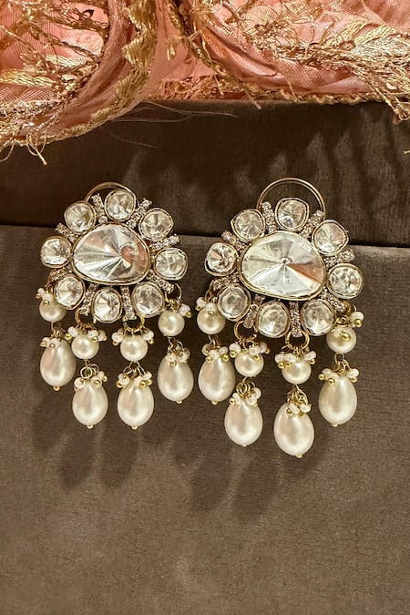 Prestones White Pearls, Stones Polki And Drop Danglers Online at Aza Fashions Prestones_White Pearls, Stones Polki And Drop Danglers _Online_at_Aza_Fashions