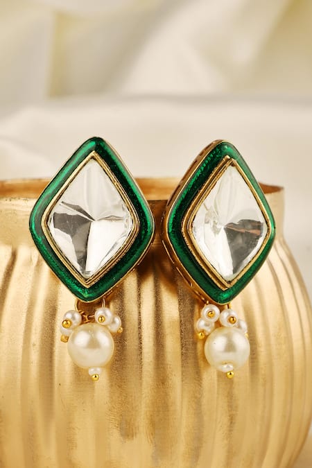Prestones_White Stones, Pearls Uncut Polki Enamel Drop Earrings _Online_at_Aza_Fashions