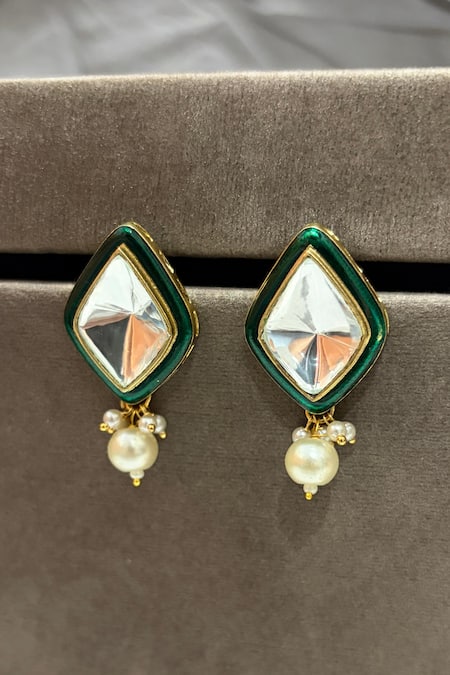 Prestones Uncut Polki Enamel Pearl Drop Earrings 