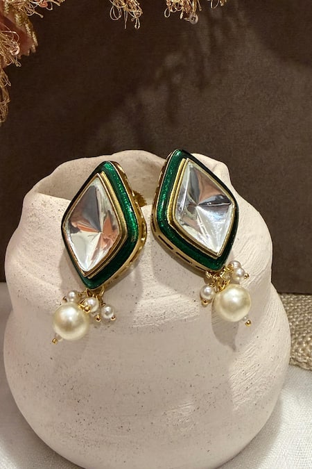 Buy_Prestones_White Stones, Pearls Uncut Polki Enamel Drop Earrings _Online_at_Aza_Fashions