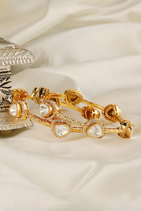 Prestones Gold Plated Stones Polki Textured Bangles Online at Aza Fashions Prestones_Gold Plated Stones Polki Textured Bangles _Online_at_Aza_Fashions