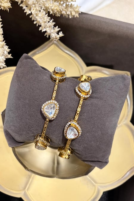 Buy Prestones Gold Plated Stones Polki Textured Bangles Online at Aza Fashions Buy_Prestones_Gold Plated Stones Polki Textured Bangles _Online_at_Aza_Fashions