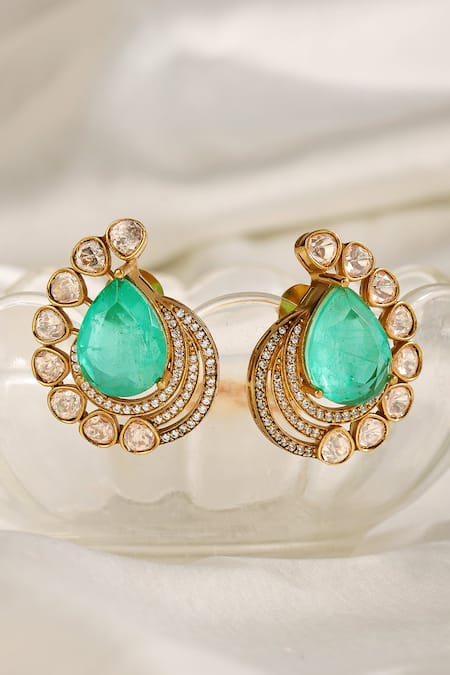 Prestones Pear Shaped Green Stone Polki Zircon Stud Earrings 