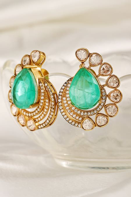 Prestones_Green Stones, Zari Pear Shaped Polki Zircon Stud Earrings _Online_at_Aza_Fashions