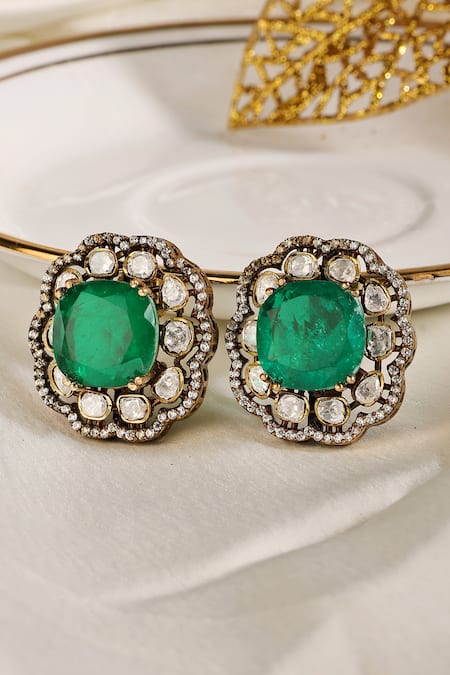 Prestones_Green Gemstones, Stones, Faux Emerald Polki Floral Cluster Stud Earrings _Online_at_Aza_Fashions