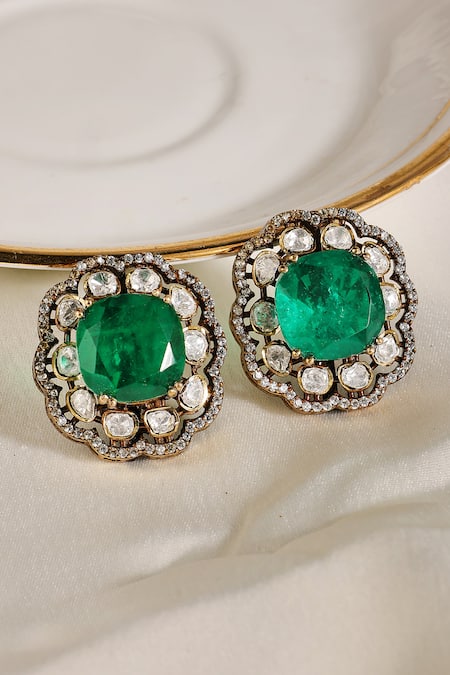 Prestones Emerald Polki Floral Cluster Stud Earrings 
