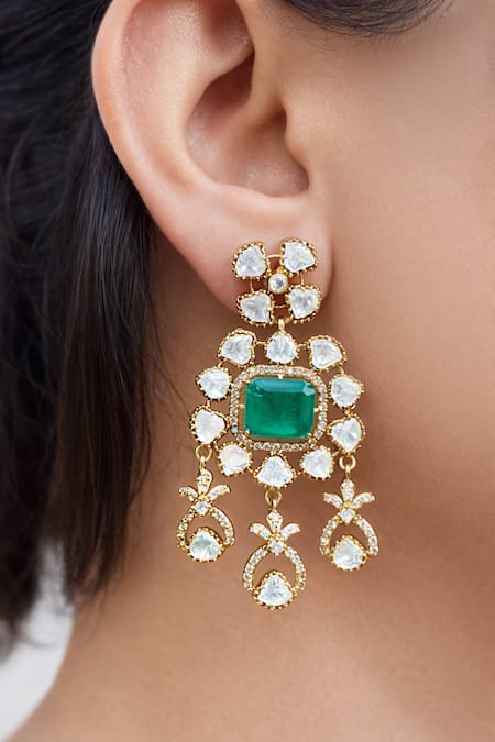 Prestones Chandbali Emerald Polki Zircon Danglers 