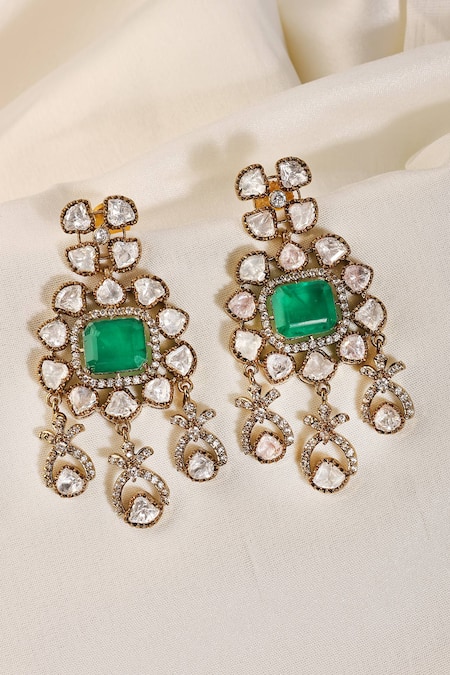 Prestones Chandbali Emerald Polki Zircon Danglers 