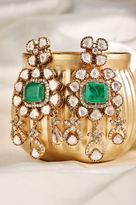 Prestones_Gold Plated Gemstones, Stones, Crystals Chandbali Emerald Polki Zircon Danglers _Online_at_Aza_Fashions