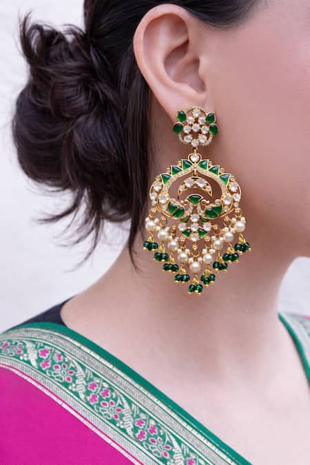 Prestones Peacock Polki Pearl & Emerald Chandbalis 