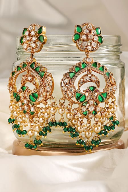 Prestones_Gold Plated Pearls, Beads, Stones Peacock Polki And Emerald Chandbalis _Online_at_Aza_Fashions