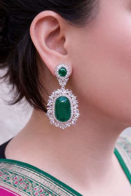 Prestones Emerald Zircon Halo Danglers & Drops 