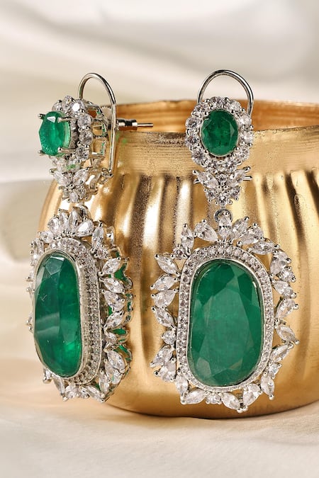 Prestones Emerald Zircon Halo Danglers & Drops 