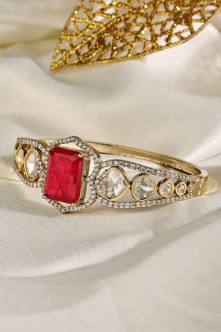 Prestones Red Stones, Crystals Ruby Polki Zircon Openable Bangle Online at Aza Fashions Prestones_Red Stones, Crystals Ruby Polki Zircon Openable Bangle _Online_at_Aza_Fashions