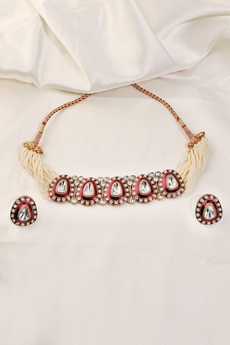 Prestones Rajwada Polki Motif Multi-strand Pearl Necklace Set 
